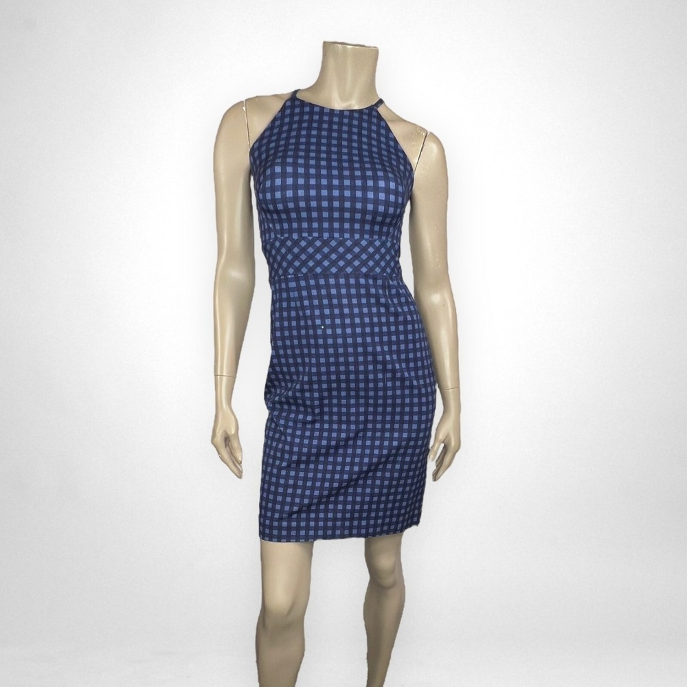 BANANA REPUBLIC 0 Petite Bi Stretch‎ Blue Gingham Sheath Dress 0  Casual